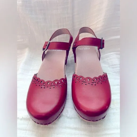 Dansko Red Leather Mules with Wooden Heel - Picture 2 of 10